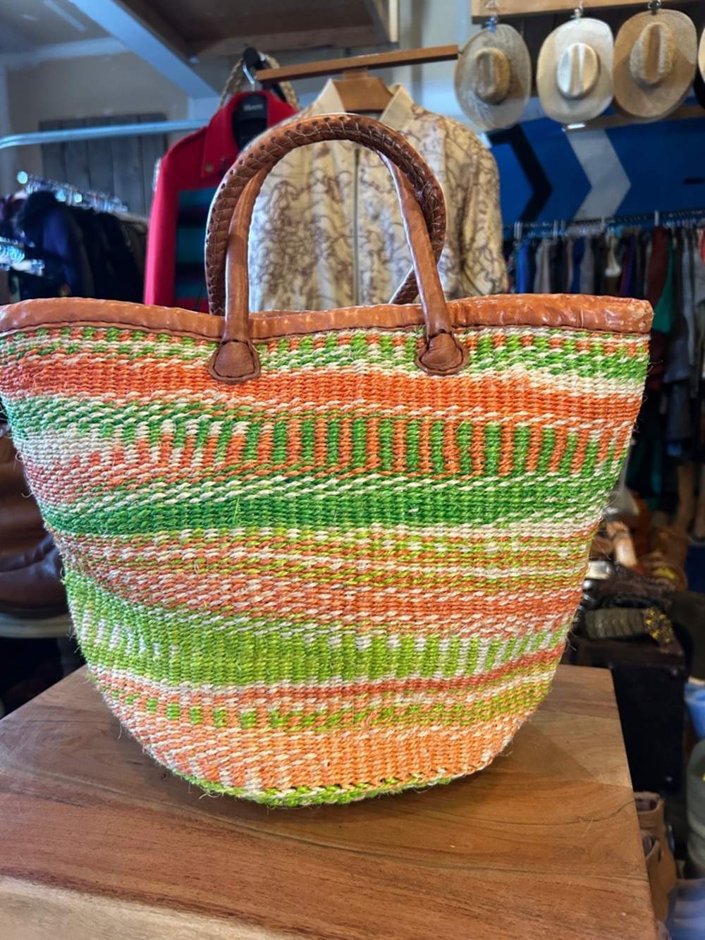 Handwoven Straw and Leather Tote Bag in Orange & Green